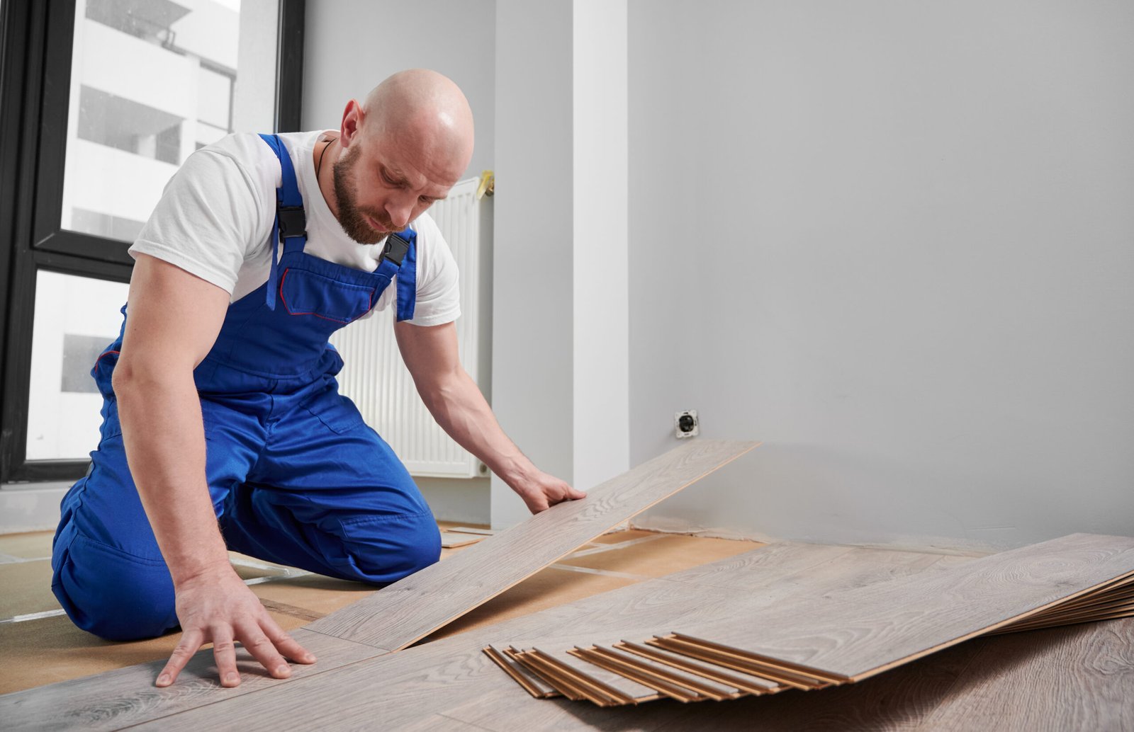 Male construction worker laying laminate wood plank on floor underlayment in living room. Bearded man in work overalls installing laminate timber flooring in apartment under renovation.
